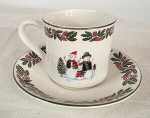 GEI Snowman Family Holly Berry Cup and Saucer Ceramic Festive Coffee Bar Holiday